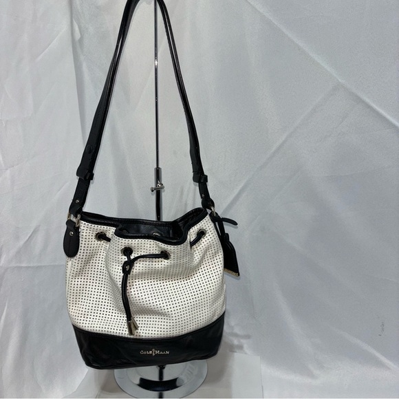 Cole Haan White Black Leather Perforated Bucket Bag - Picture 1 of 14
